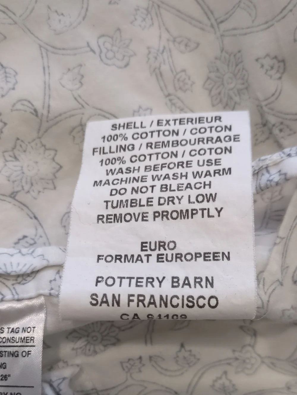 Pottery Barn Quilted Euro Sham Blue Floral Tie Back 26x26 Cotton
